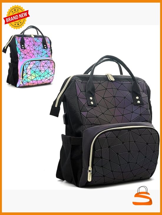 Geometric Holographic Laptop Backpack USB Port Travel Daypack main image 7